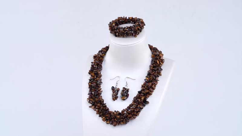 927.98 ctw Tigers Eye Chips Stretch Bracelet and Earrings and Toggle Clasp Necklace (18.00 In) in Black Oxidized Stainless Steel