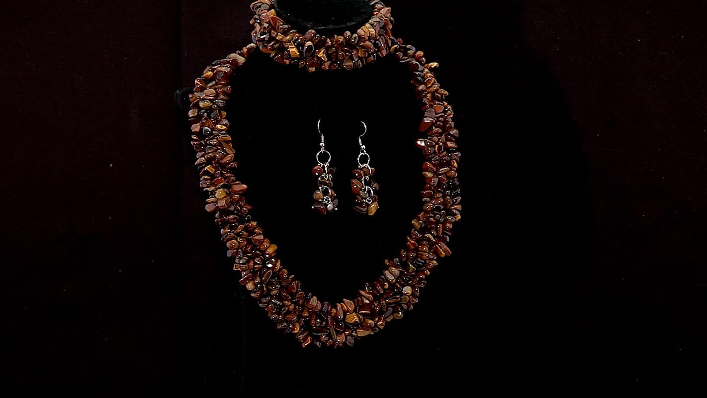 927.98 ctw Tigers Eye Chips Stretch Bracelet and Earrings and Toggle Clasp Necklace (18.00 In) in Black Oxidized Stainless Steel