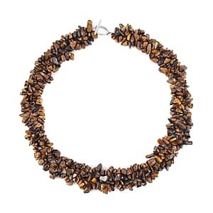 Yellow Tiger's Eye Chips Stretch Bracelet and Earrings and Toggle Clasp Necklace (18.00 In) in Black Oxidized Stainless Steel 928.15 ctw