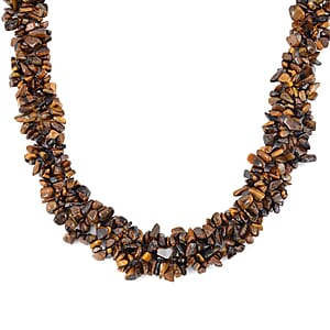 Yellow Tiger's Eye Chips Stretch Bracelet and Earrings and Toggle Clasp Necklace (18.00 In) in Black Oxidized Stainless Steel 928.15 ctw