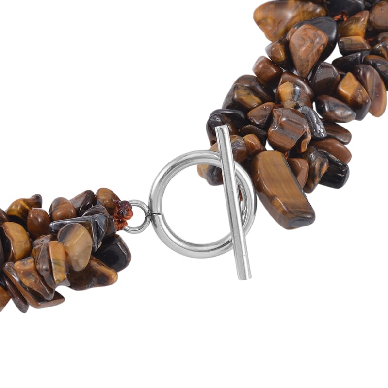 Yellow Tiger's Eye Chips Stretch Bracelet and Earrings and Toggle Clasp Necklace (18.00 In) in Black Oxidized Stainless Steel 928.15 ctw