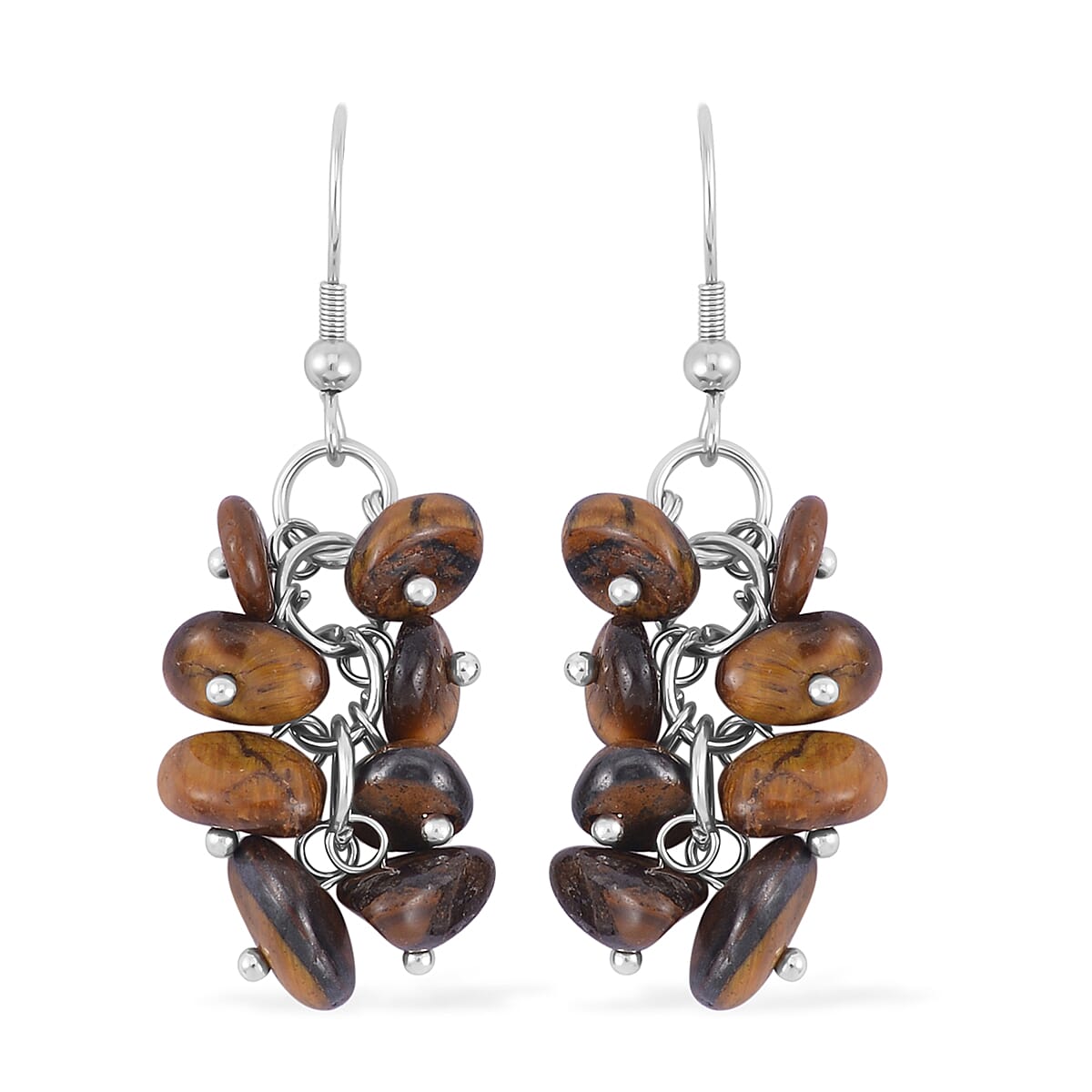 Yellow Tiger's Eye Chips Stretch Bracelet and Earrings and Toggle Clasp Necklace (18.00 In) in Black Oxidized Stainless Steel 928.15 ctw