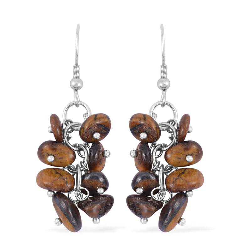 Yellow Tiger's Eye Chips Stretch Bracelet and Earrings and Toggle Clasp Necklace (18.00 In) in Black Oxidized Stainless Steel 928.15 ctw