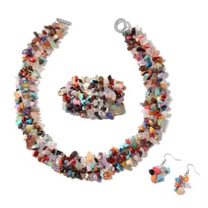 Set of Multi Gemstone 928.15 ctw Chips Stretch Bracelet, Earrings and Necklace in Black Oxidized Stainless Steel 18.00 Inches
