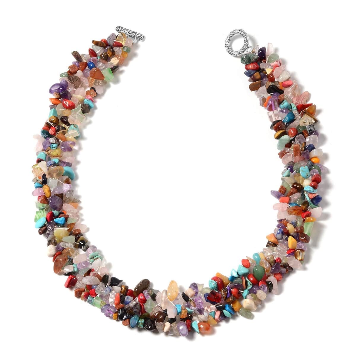 Multi Gemstone 928.15 ctw Chips Stretch Bracelet Earrings and Toggle Clasp Necklace in Black Oxidized Stainless Steel 18.00 Inches image number 1