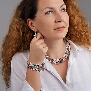 Set of Multi Gemstone 928.15 ctw Chips Stretch Bracelet, Earrings and Necklace in Black Oxidized Stainless Steel 18.00 Inches