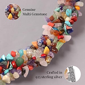 Set of Multi Gemstone 928.15 ctw Chips Stretch Bracelet, Earrings and Necklace in Black Oxidized Stainless Steel 18.00 Inches