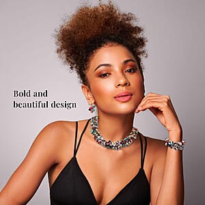 Set of Multi Gemstone 928.15 ctw Chips Stretch Bracelet, Earrings and Necklace in Black Oxidized Stainless Steel 18.00 Inches