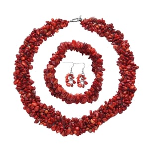 Bamboo Coral Chips Stretch Bracelet and Earrings and Toggle Clasp Necklace in Black Oxidized Stainless Steel (18.00 In)