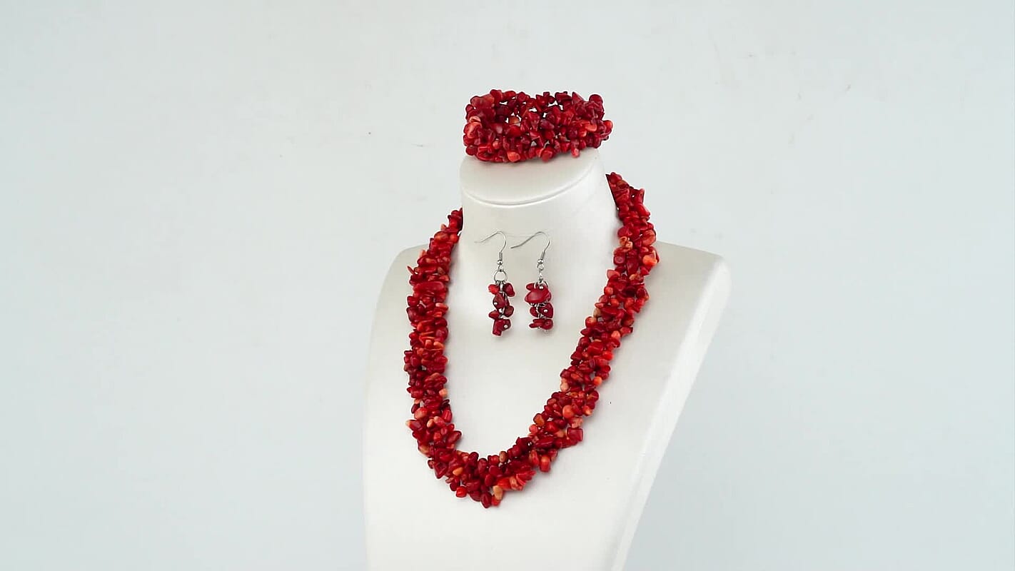 Bamboo Coral Chips Strech Bracelet and Earrings and Toggle Clasp Necklace in Black Oxidized Stainless Steel (18.00 In)
