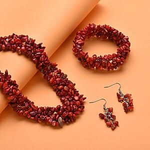 Bamboo Coral Chips Stretch Bracelet and Earrings and Toggle Clasp Necklace in Black Oxidized Stainless Steel (18.00 In)