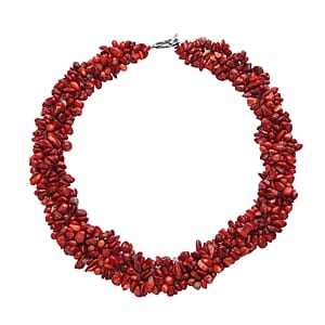 Bamboo Coral Chips Stretch Bracelet and Earrings and Toggle Clasp Necklace in Black Oxidized Stainless Steel (18.00 In)
