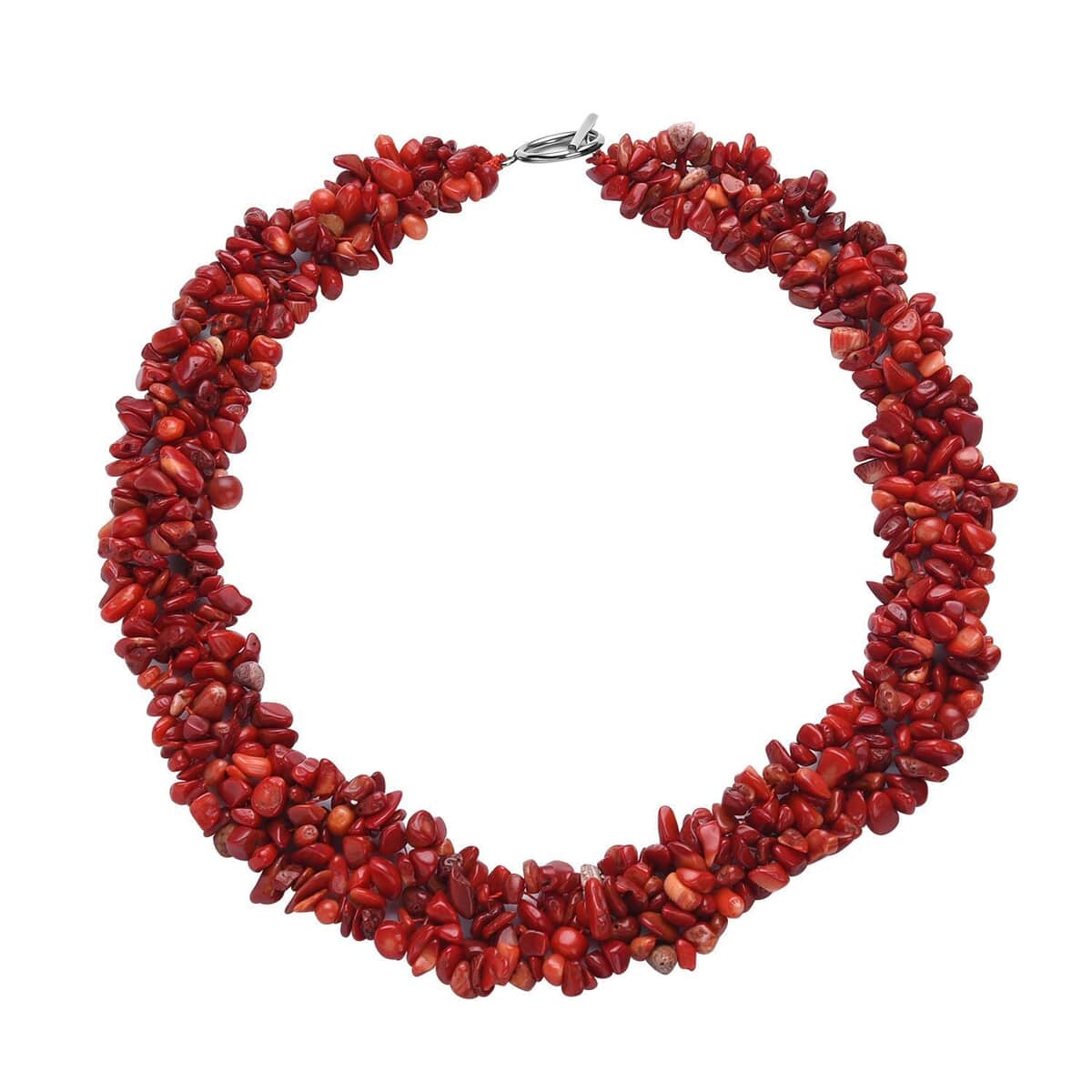 Bamboo Coral Chips Stretch Bracelet and Earrings and Toggle Clasp Necklace in Black Oxidized Stainless Steel (18.00 In) image number 2