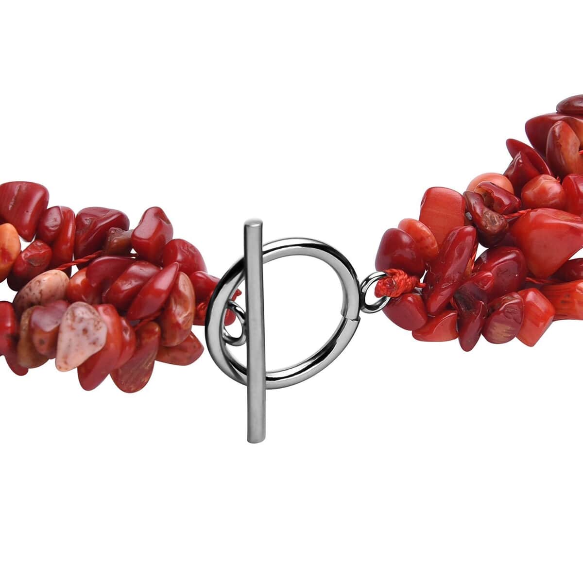 Bamboo Coral Chips Stretch Bracelet and Earrings and Toggle Clasp Necklace in Black Oxidized Stainless Steel (18.00 In) image number 4