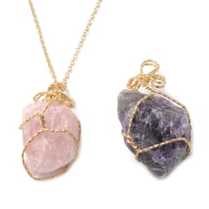Set of 2 Amethyst and Galilea Rose Quartz Wire Wrapped Pendants Necklace 24 Inches in Goldtone 230.00 ctw 