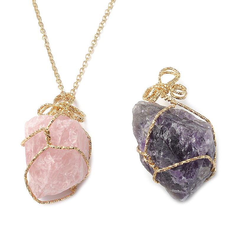 Set of 2 Amethyst and Galilea Rose Quartz Wire Wrapped Pendants Necklace 24 Inches in Goldtone 230.00 ctw