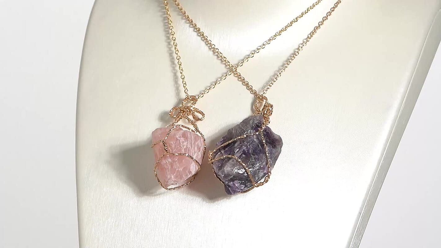 230.00 ctw Set of 2 Amethyst and Galilea Rose Quartz Pendants Necklace 24 Inch in Goldtone