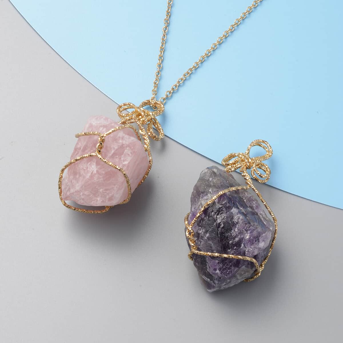 Set of 2 Amethyst and Galilea Rose Quartz Wire Wrapped Pendants Necklace 24 Inches in Goldtone 230.00 ctw  image number 1