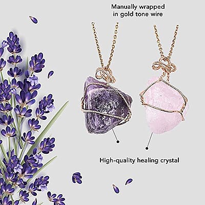 Set of 2 Amethyst and Galilea Rose Quartz Wire Wrapped Pendants Necklace 24 Inches in Goldtone 230.00 ctw