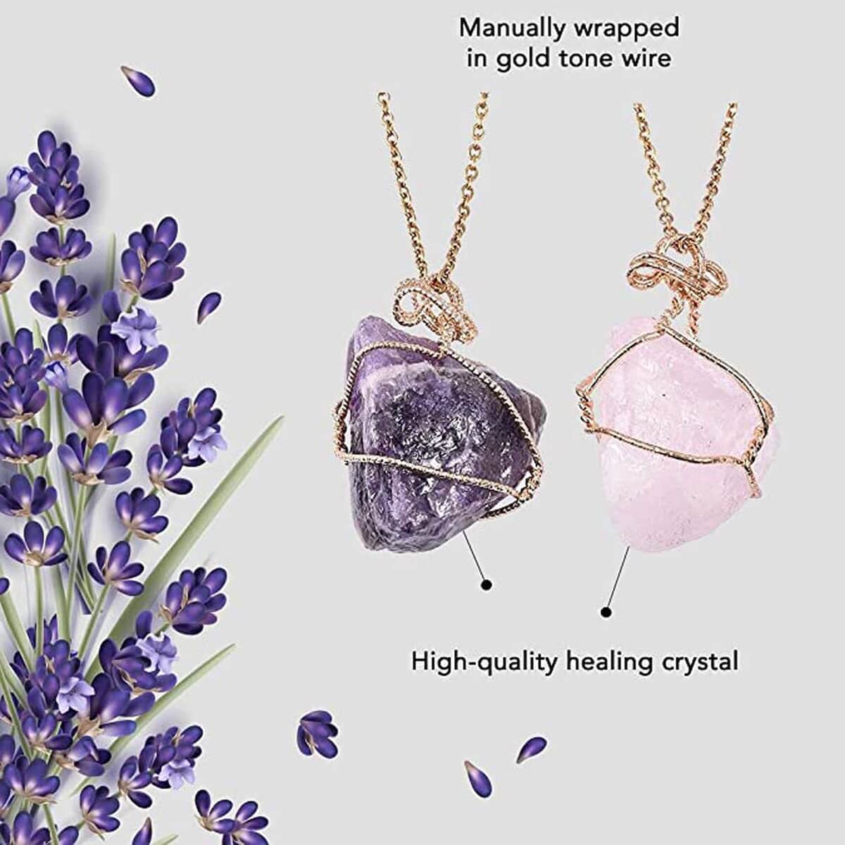 Set of 2 Amethyst and Galilea Rose Quartz Wire Wrapped Pendants Necklace 24 Inches in Goldtone 230.00 ctw  image number 5