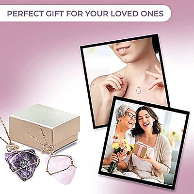 Set of 2 Amethyst and Galilea Rose Quartz Wire Wrapped Pendants Necklace 24 Inches in Goldtone 230.00 ctw