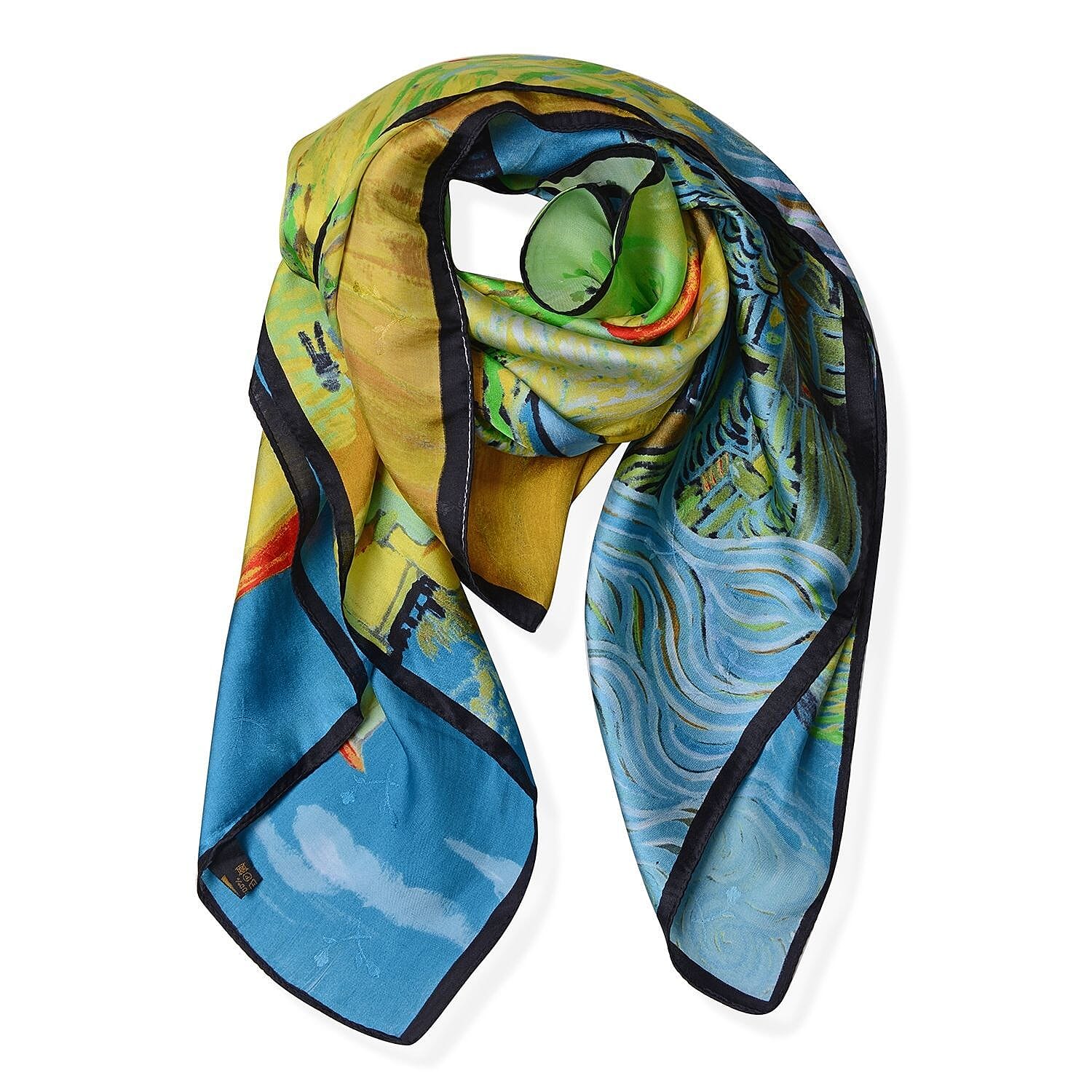 Green, Multi Color Village Oil Painting Scarf (100% Mulberry Silk)