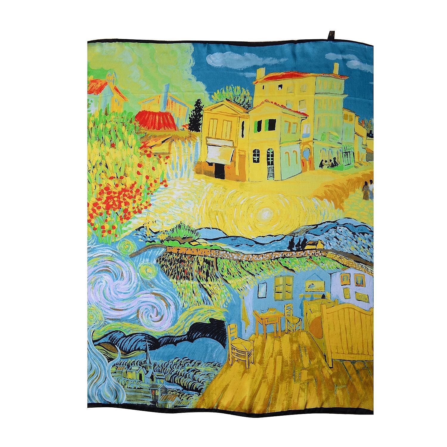 Green, Multi Color Village Oil Painting Scarf (100% Mulberry Silk)
