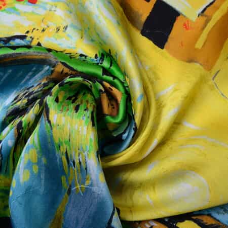 Green, Multi Color Village Oil Painting Scarf (100% Mulberry Silk) image number 3