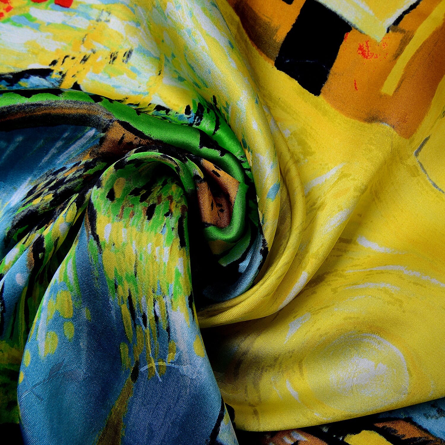 Green, Multi Color Village Oil Painting Scarf (100% Mulberry Silk)