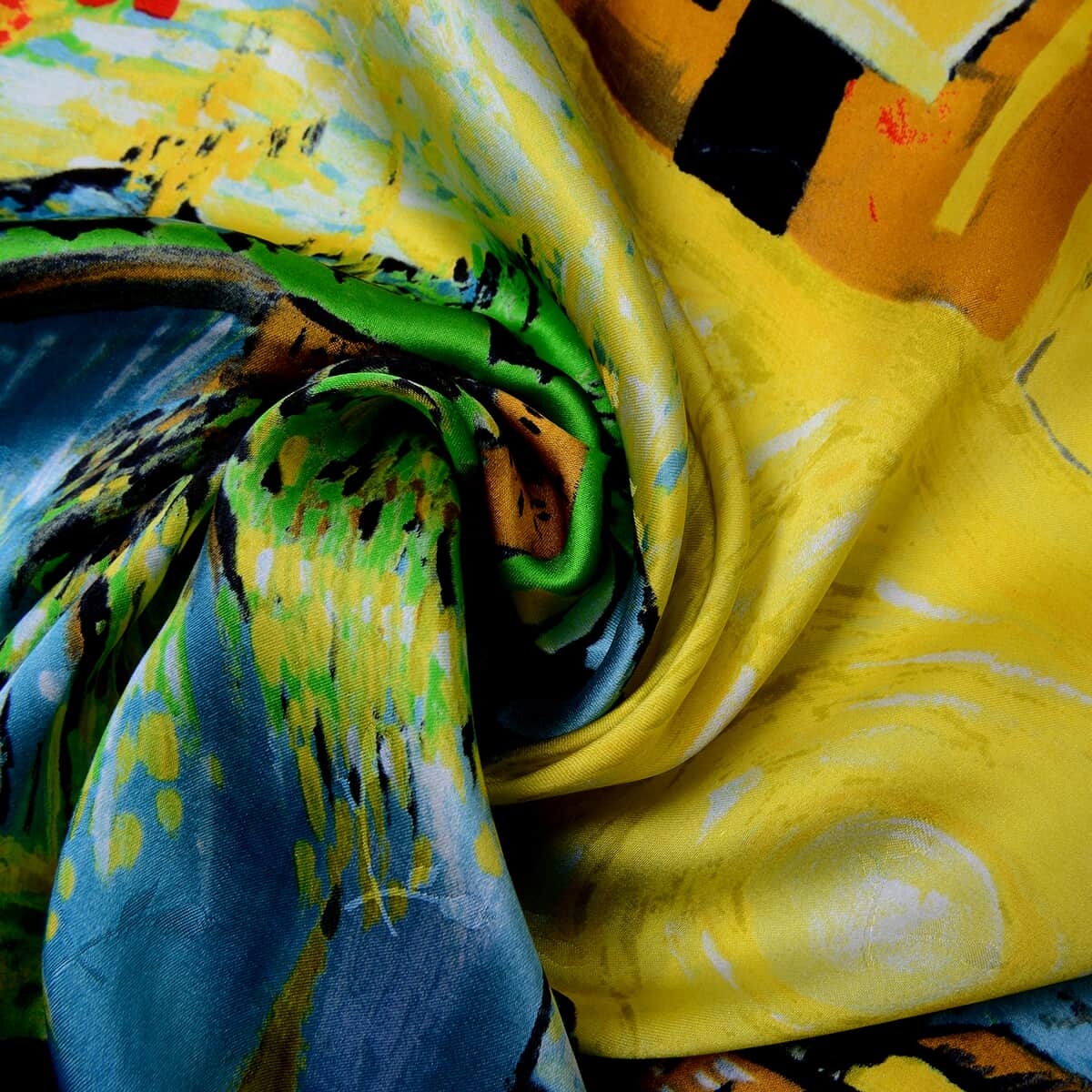 Green, Multi Color Village Oil Painting Scarf (100% Mulberry Silk) image number 4