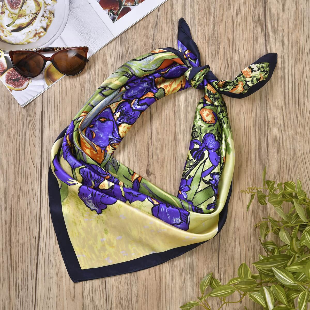 Purple, Multi Color Irises Oil Painting Scarf (100% Mulberry Silk) image number 4