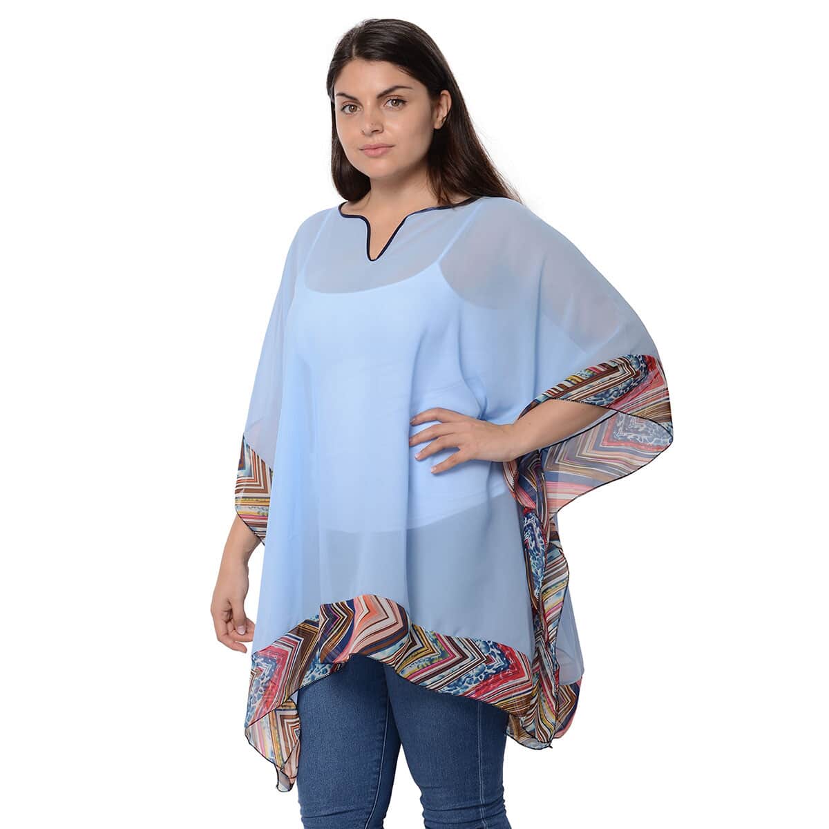 Sky Blue Summer Poncho with Multi Color Chevron Hem (One Size Fits Most, Polyester) image number 0