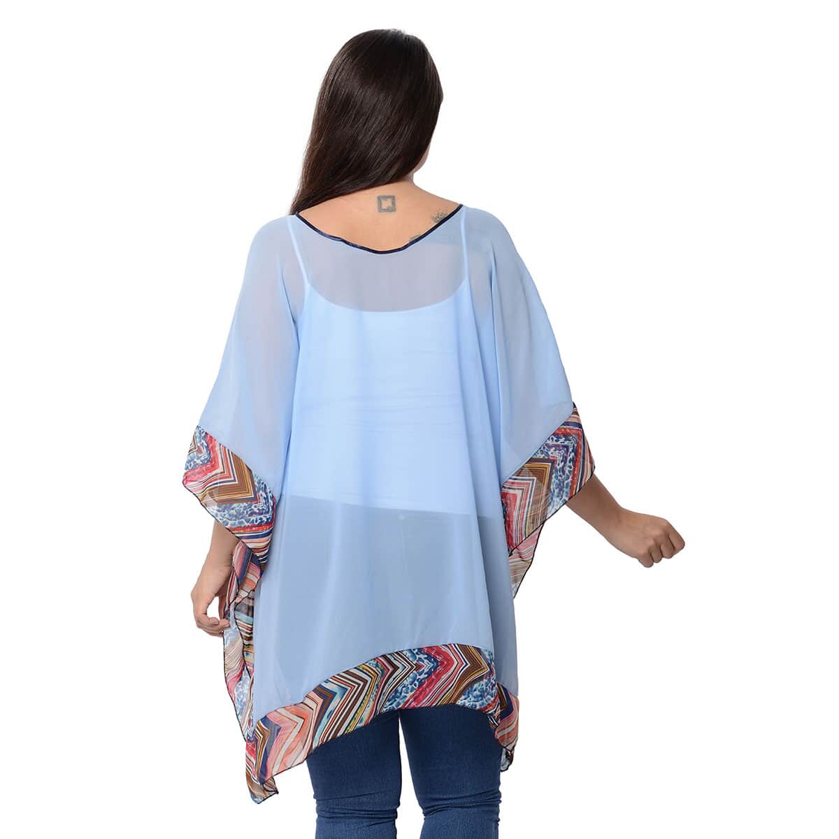 Sky Blue Summer Poncho with Multi Color Chevron Hem (One Size Fits Most, Polyester) image number 1