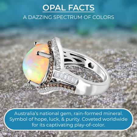 Premium Ethiopian Welo Opal, Natural Champagne & White Diamond Ring in Rhodium & Platinum Over Sterling Silver (Size 10.0) 4.25 ctw image number 3