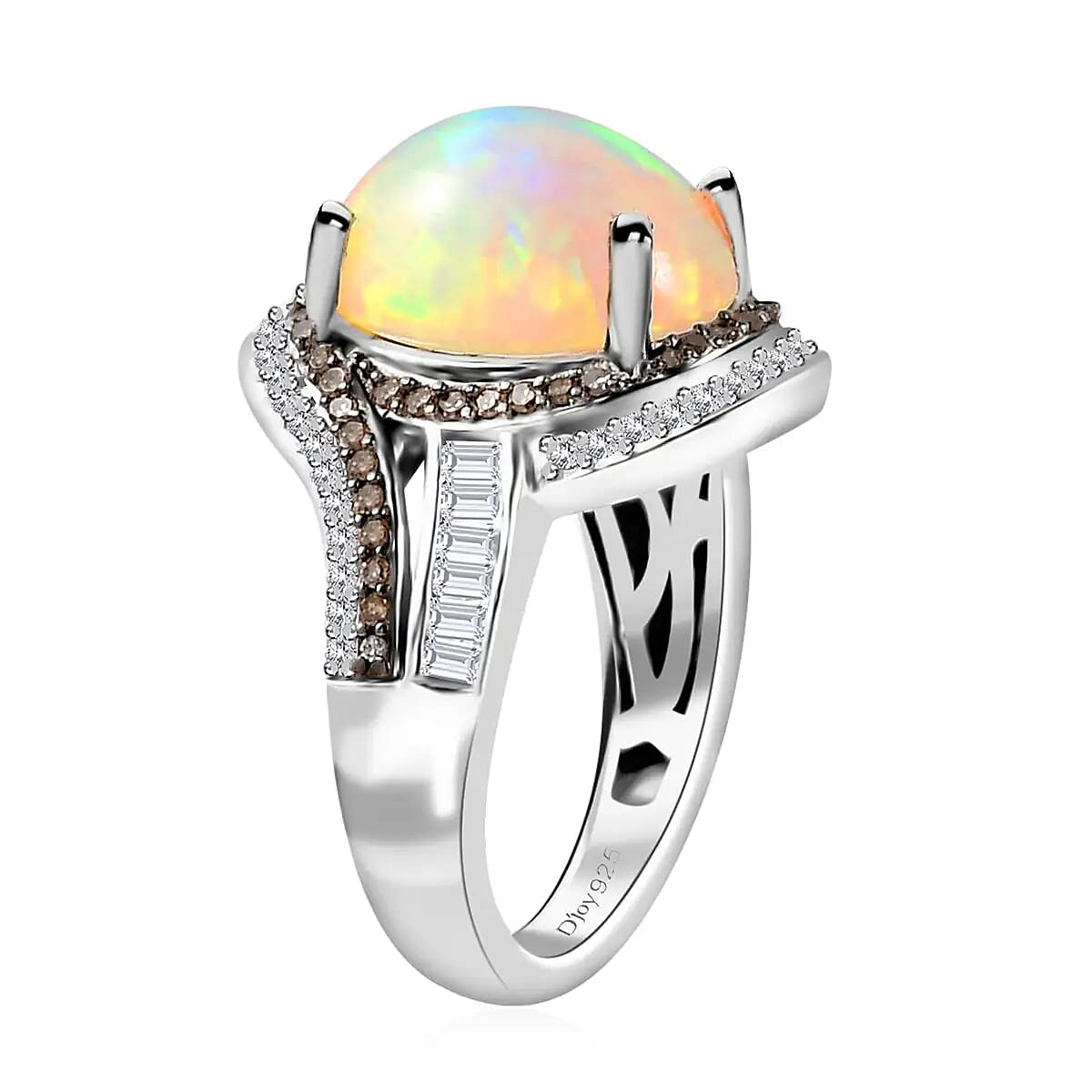 Premium Ethiopian Welo Opal, Natural Champagne & White Diamond Ring in Rhodium & Platinum Over Sterling Silver (Size 10.0) 4.25 ctw