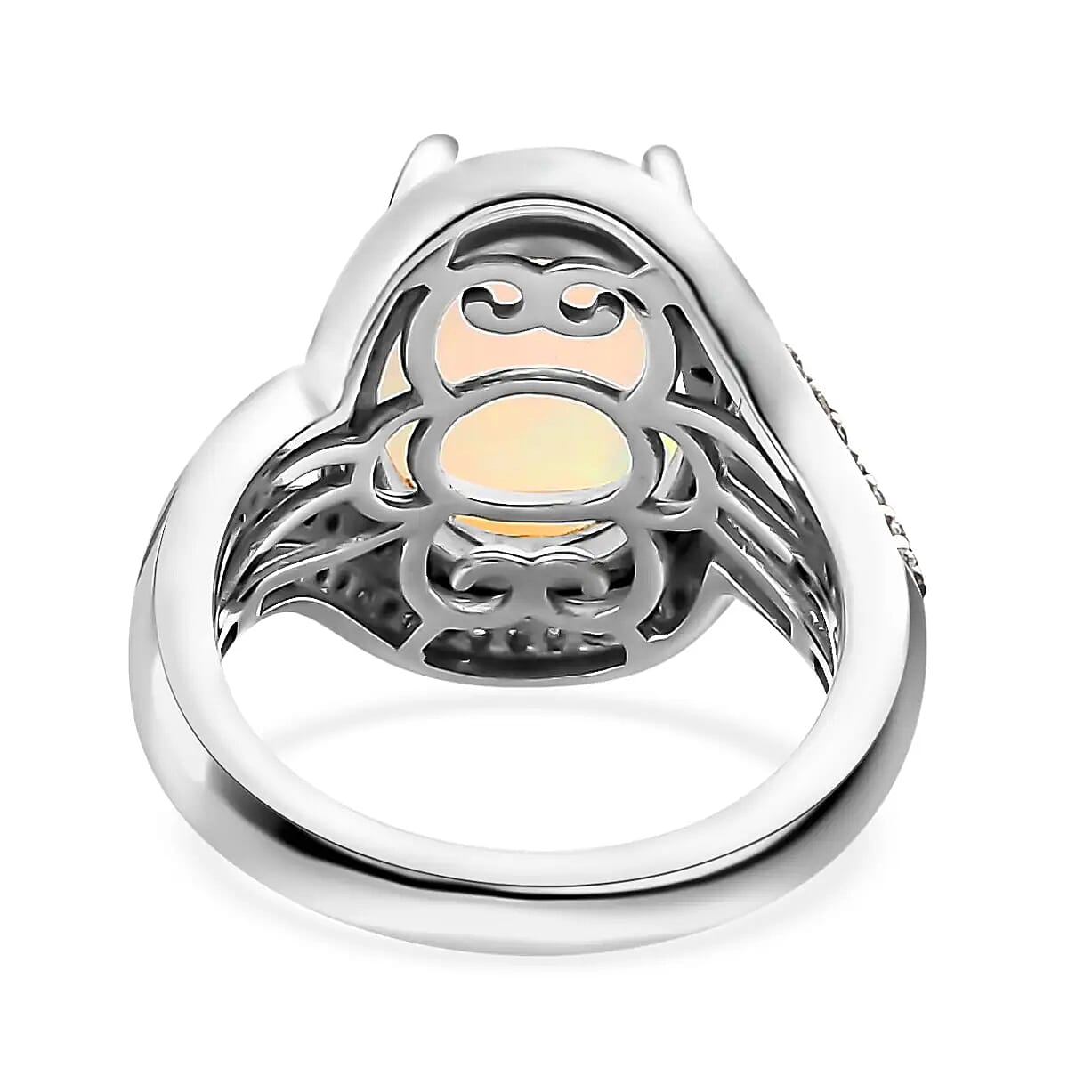 Premium Ethiopian Welo Opal, Natural Champagne & White Diamond Ring in Rhodium & Platinum Over Sterling Silver (Size 10.0) 4.25 ctw