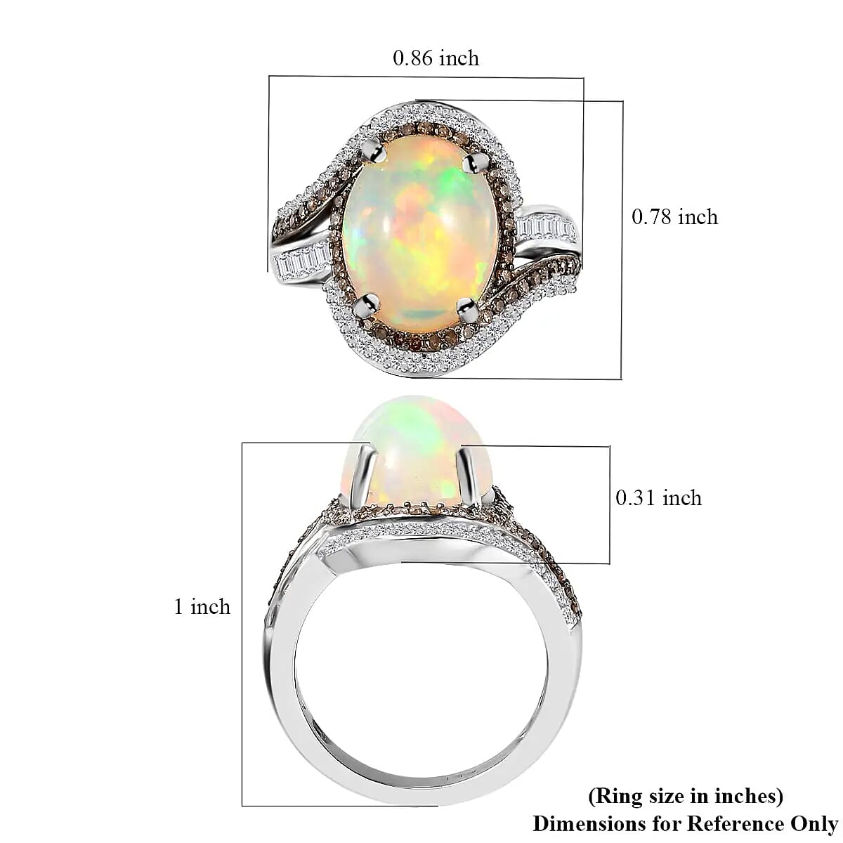 Premium Ethiopian Welo Opal, Natural Champagne & White Diamond Ring in Rhodium & Platinum Over Sterling Silver (Size 10.0) 4.25 ctw