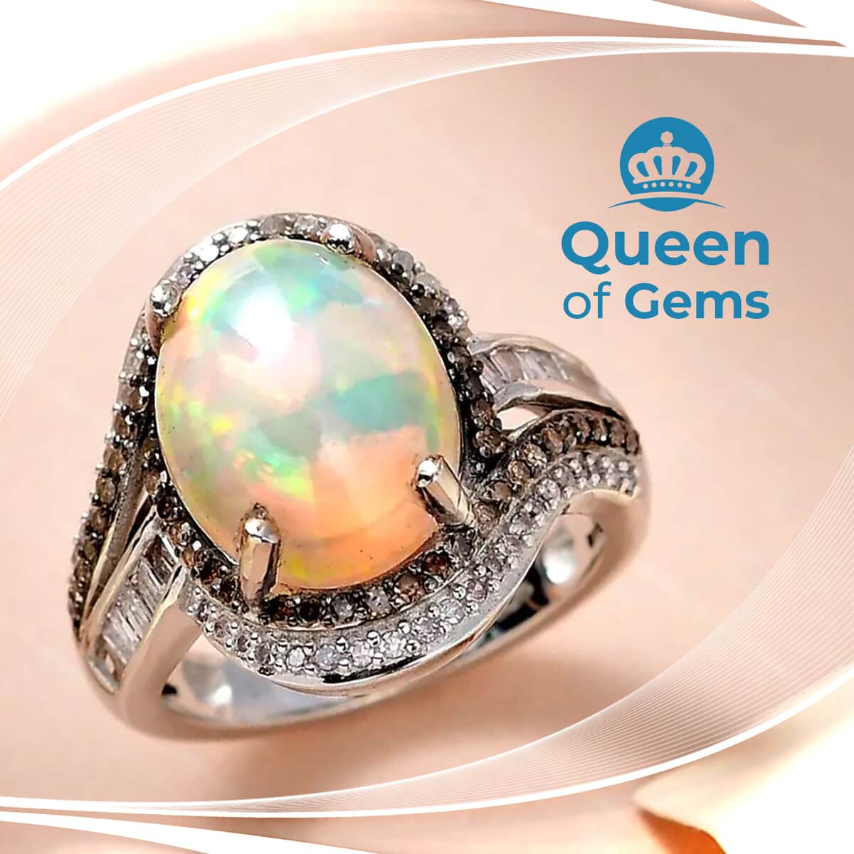 Premium Ethiopian Welo Opal, Natural Champagne and White Diamond 4.35 ctw Ring in Platinum Over Sterling Silver (Size 11.0) image number 1