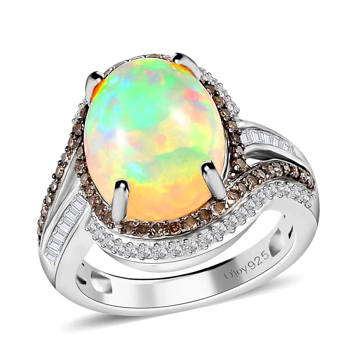 Premium Ethiopian Welo Opal, Natural Champagne & White Diamond Ring in Rhodium & Platinum Over Sterling Silver (Size 10.0) 4.25 ctw