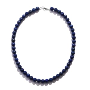 Lapis Lazuli 8mm Beaded Necklace 18 Inches in Stainless Steel 225.00 ctw