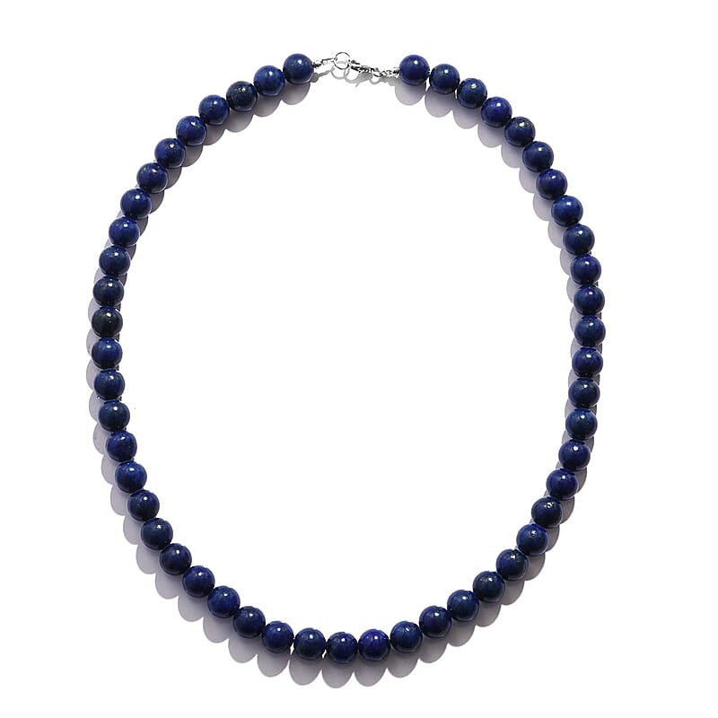 Lapis Lazuli 8mm Beaded Necklace 18 Inches in Stainless Steel 225.00 ctw