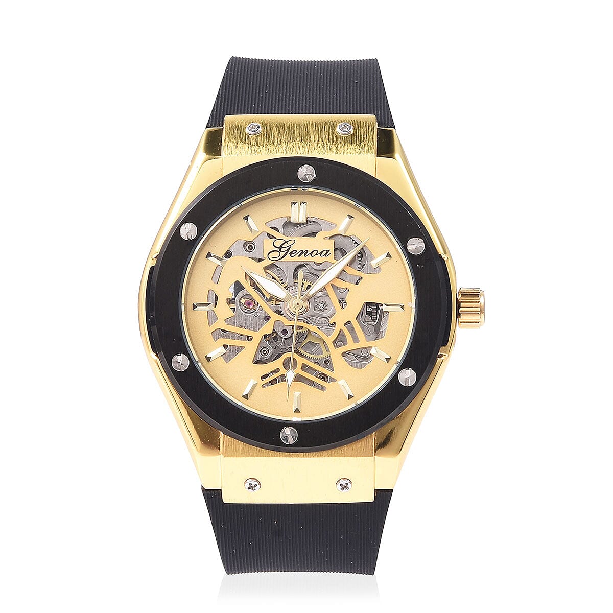 Genoa Mechanical Movement Black Silicone ION Plated YG Steel Watch in Stainless Steel