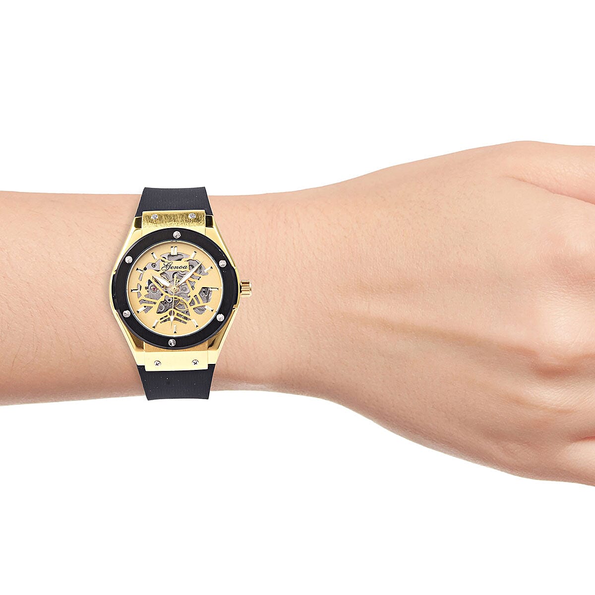 Genoa Mechanical Movement Black Silicone ION Plated YG Steel Watch in Stainless Steel