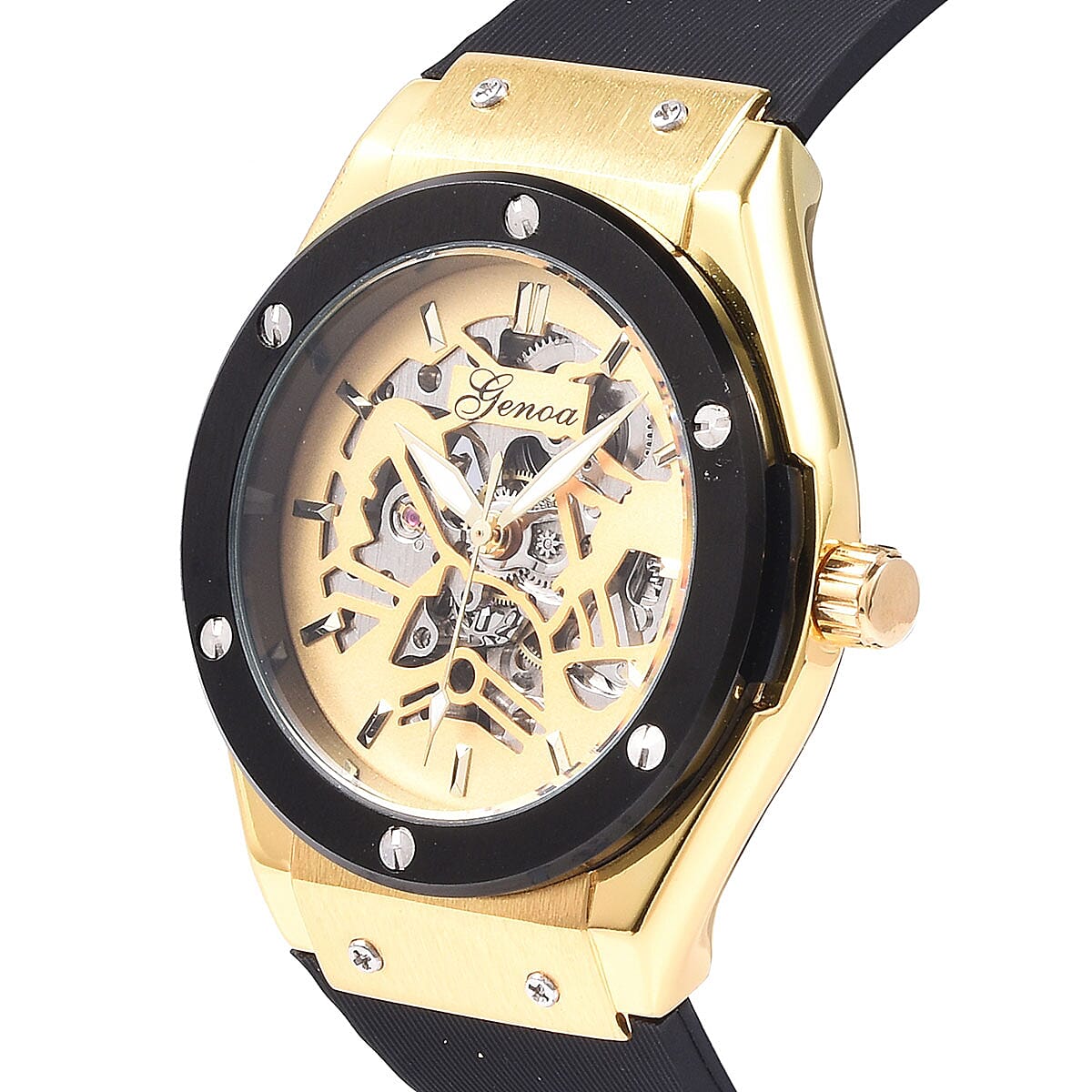 Genoa Mechanical Movement Black Silicone ION Plated YG Steel Watch in Stainless Steel