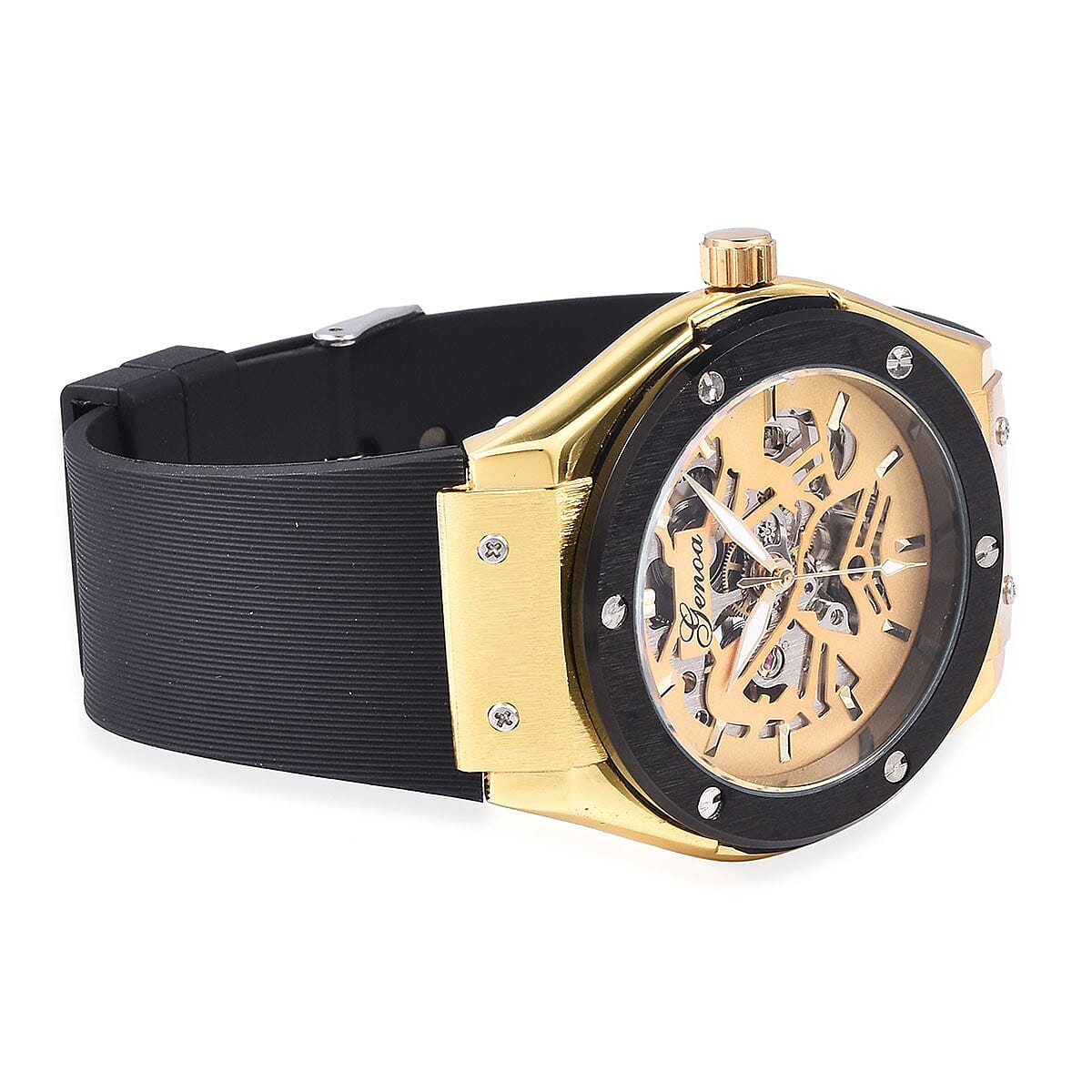 Genoa Mechanical Movement Black Silicone ION Plated YG Steel Watch in Stainless Steel