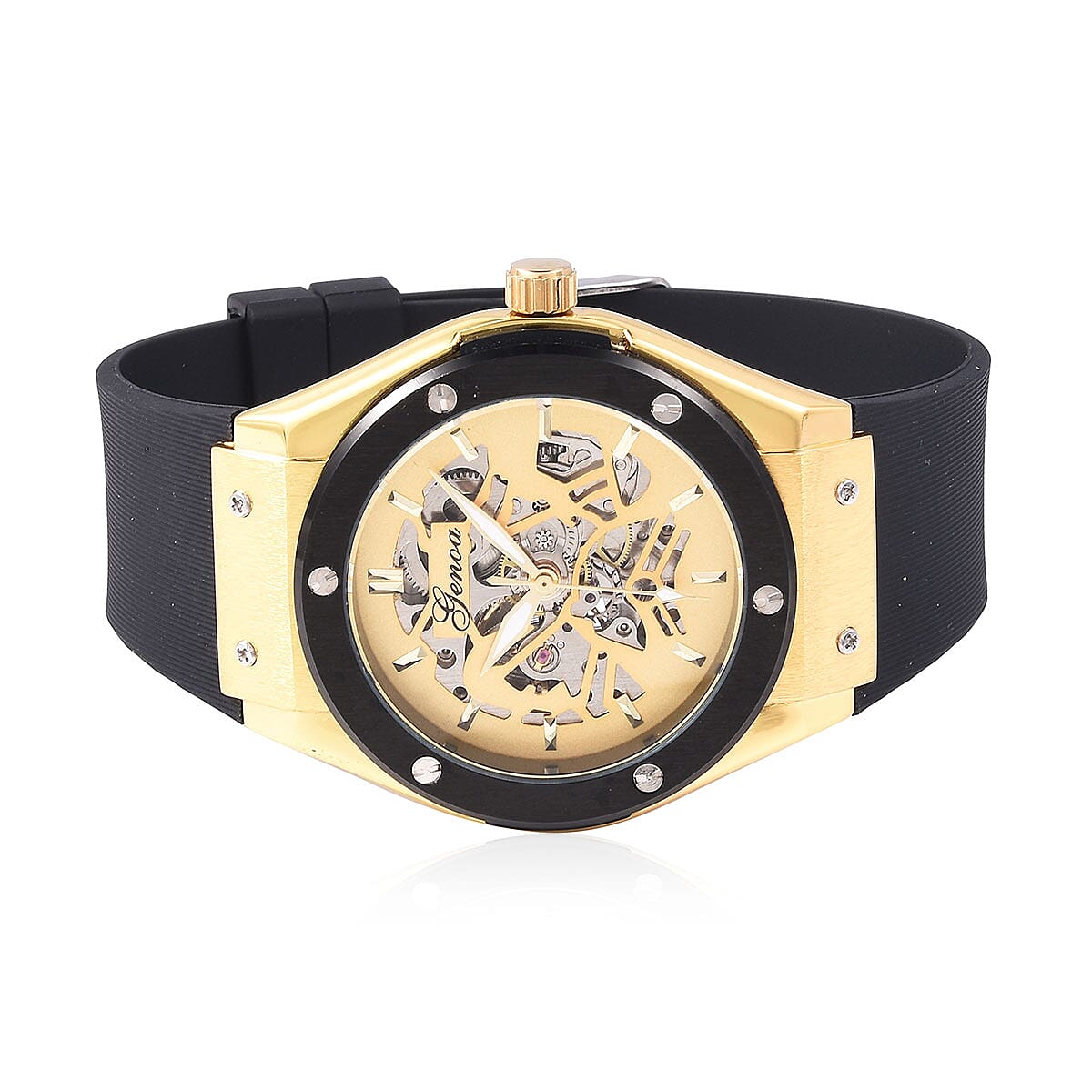 Genoa Mechanical Movement Black Silicone ION Plated YG Steel Watch in Stainless Steel