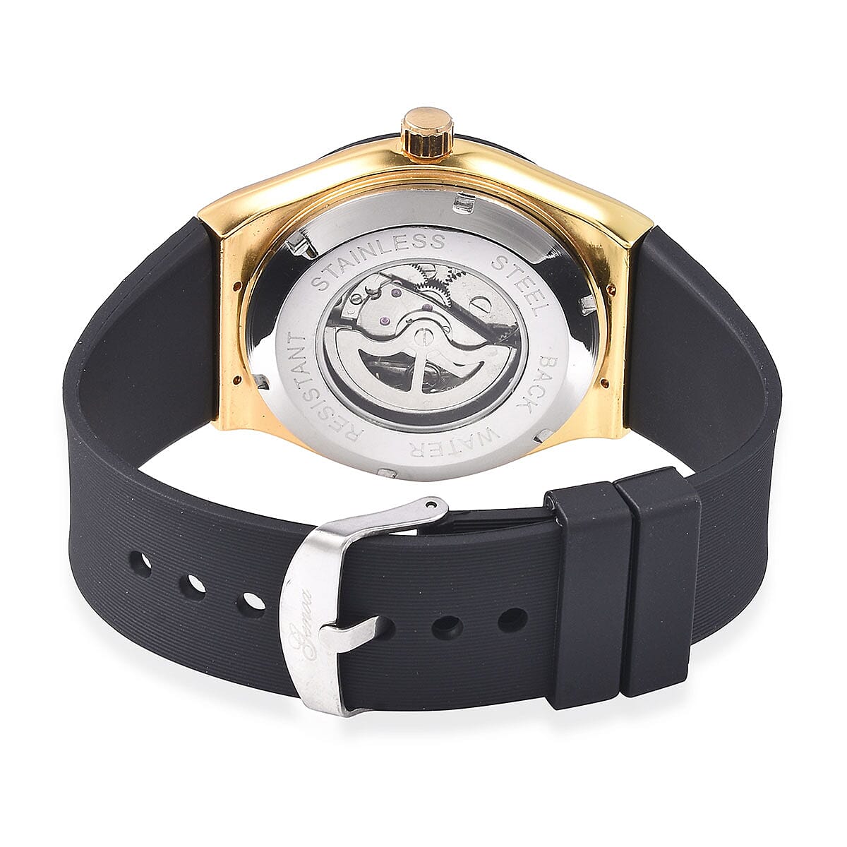 Genoa Mechanical Movement Black Silicone ION Plated YG Steel Watch in Stainless Steel