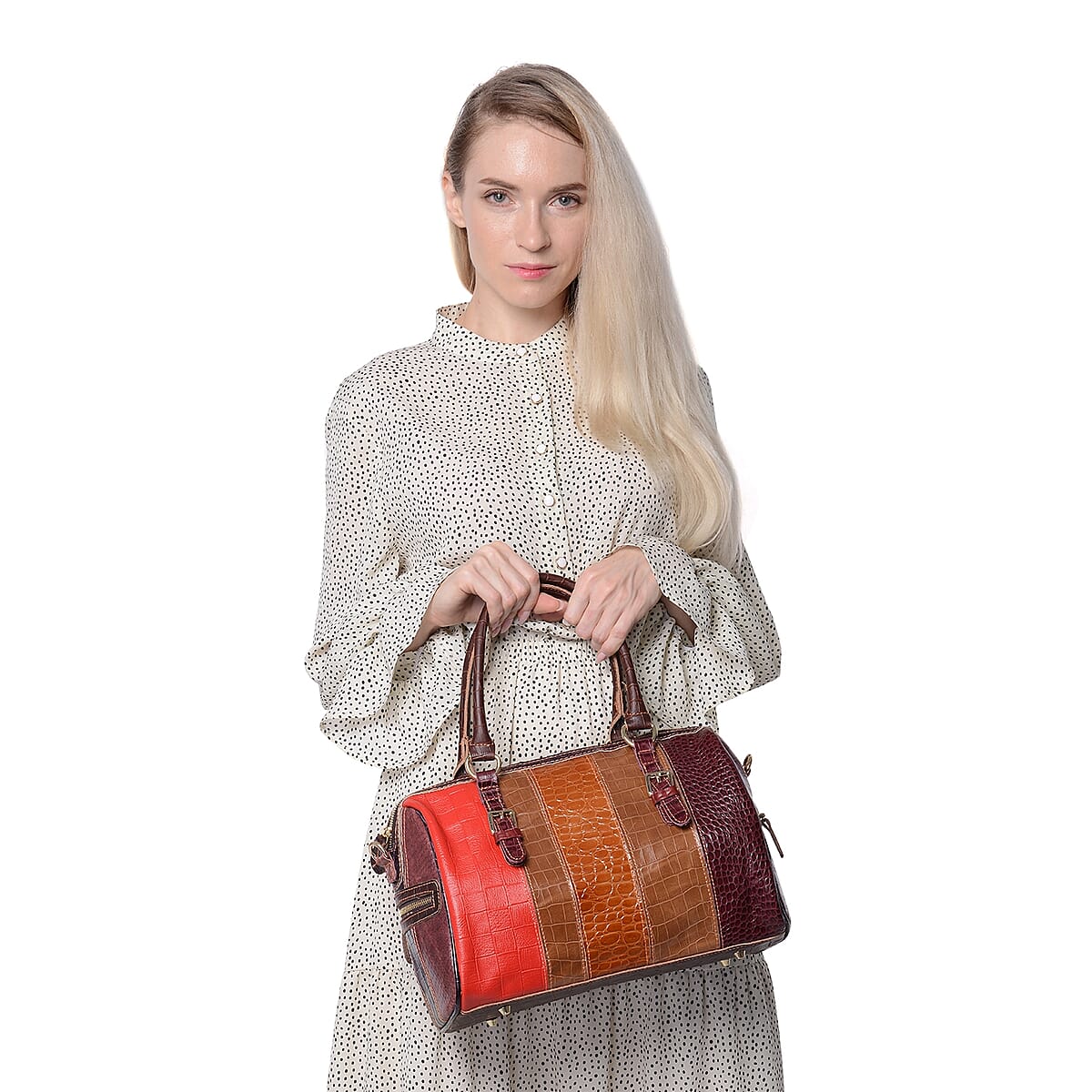 Multi Color Block Pattern Genuine Leather Tote Bag with Shoulder Strap image number 1