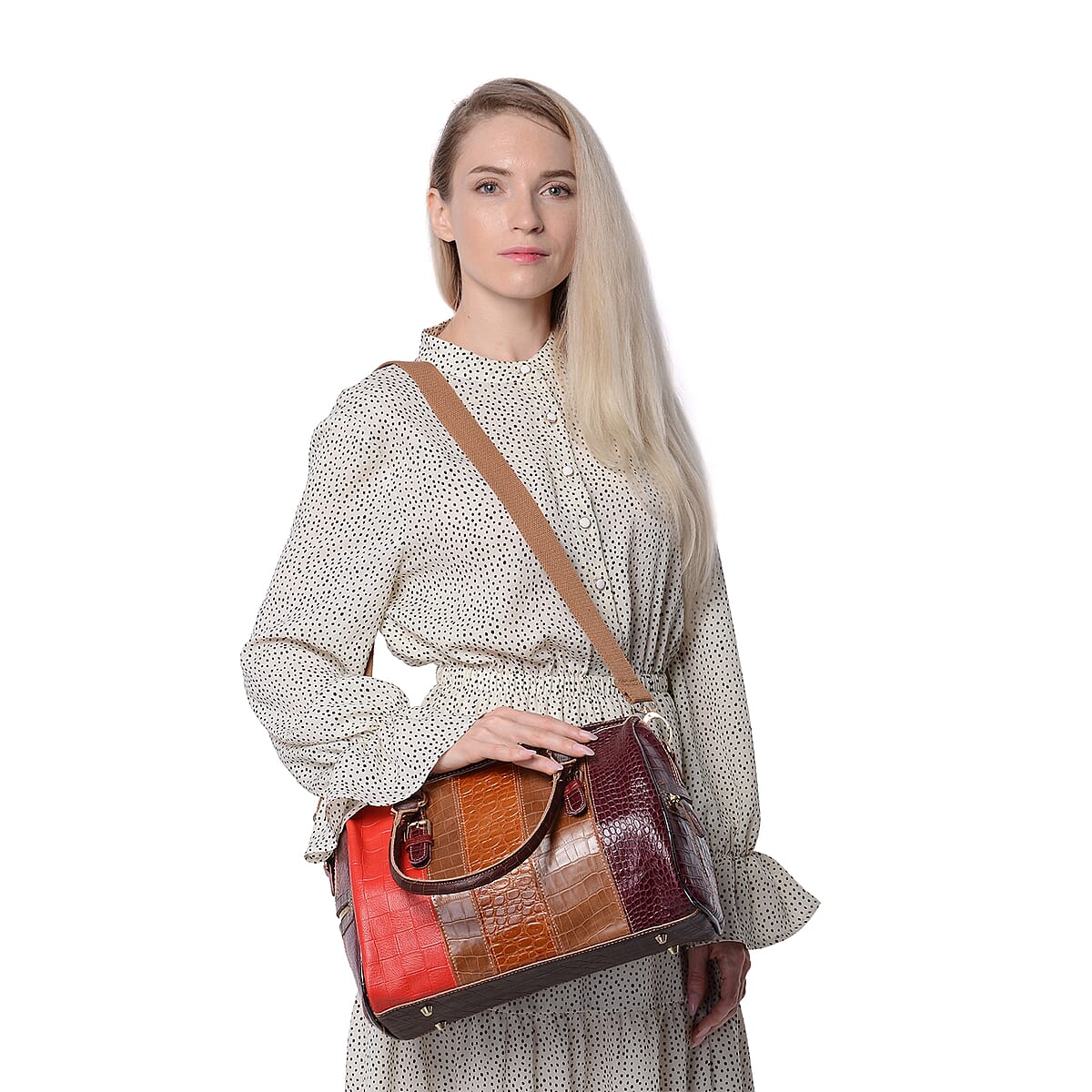 Multi Color Block Pattern Genuine Leather Tote Bag with Shoulder Strap image number 2