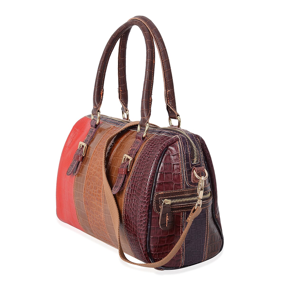 Multi Color Block Pattern Genuine Leather Tote Bag with Shoulder Strap image number 3